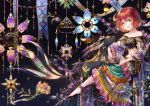  1girl animal animal_ears bare_shoulders barefoot black_background blue_nails crescent crescent_hair_ornament dress fantasy flower gold_trim green_eyes hair_ornament highres long_sleeves looking_at_viewer midriff navel original parted_lips red_hair sho_(sumika) short_hair sitting solo 