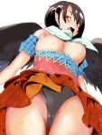  1girl ass_visible_through_thighs bangs bare_shoulders black_hair black_panties black_wings blue_shirt blush breasts commentary_request cowboy_shot feathered_wings from_below green_scarf hekiga_(freelot) highres kurokoma_saki large_breasts looking_at_viewer miniskirt nipples no_hat no_headwear off-shoulder_shirt off_shoulder open_mouth panties pink_sash plaid plaid_shirt plaid_skirt puffy_short_sleeves puffy_sleeves red_eyes red_skirt sash scarf shirt short_hair short_sleeves simple_background skirt solo standing sweat thighs touhou underwear white_background wings 
