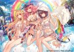  4girls :d bikini black_hair black_headwear blonde_hair blush breasts chocoan choker cleavage cloak commentary_request copyright_name cup drinking_glass drinking_straw fate/grand_order fate_(series) gem hair_between_eyes head_wings hildr_(fate/grand_order) hood hooded_cloak inflatable_raft large_breasts light_smile long_hair looking_at_viewer mash_kyrielight midriff multiple_girls navel official_art one_eye_closed open_mouth ortlinde_(fate/grand_order) pink_hair pool rainbow red_eyes short_hair smile sunglasses swimsuit thrud_(fate/grand_order) type-moon valkyrie_(fate/grand_order) very_long_hair visor_cap water_gun white_bikini white_cloak white_hood 