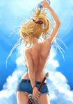  1girl ass back bangs bare_back blonde_hair blue_sky blush bottle bracelet braid breasts clarent closed_eyes closed_mouth cutoffs denim denim_shorts fate/apocrypha fate_(series) french_braid hair_ornament hair_scrunchie highres holding holding_bottle jewelry long_hair medium_breasts mordred_(fate) mordred_(fate)_(all) ponytail pouring_onto_self red_scrunchie scrunchie short_shorts shorts sidelocks sky smile solo sword thighs tonee topless water_bottle weapon wet 