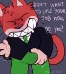  2019 anthro bottomwear bulge clothing domestic_cat english_text faggotrat felid feline felis fur goro_(mappy) hi_res humanoid_hands male mammal mappy necktie pants red_fur shirt simple_background slightly_chubby solo text topwear 