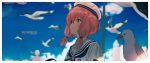  bird blue_sky blurry blurry_background closed_mouth dress english_text from_side hair_ornament hair_tie hat highres isshiki_(ffmania7) lighthouse looking_up low_twintails medium_hair mole mole_under_eye nijisanji outdoors pink_eyes pink_hair sailor_collar sailor_hat sasaki_saku seagull sky smile solo_focus star star_hair_ornament twintails upper_body virtual_youtuber white_dress white_headwear white_sailor_collar 