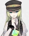  1girl alina_gray bangs black_headwear black_vest boyano collared_shirt cube eyebrows_visible_through_hair finger_to_mouth glowing green_eyes green_hair grey_background hair_between_eyes hand_up hat long_hair looking_at_viewer magia_record:_mahou_shoujo_madoka_magica_gaiden mahou_shoujo_madoka_magica parted_lips peaked_cap puffy_short_sleeves puffy_sleeves shirt short_sleeves simple_background smile solo upper_body very_long_hair vest white_shirt 