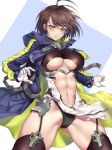  1girl absurdres ahoge azur_lane baltimore_(azur_lane) bangs black_leotard blush boots braid breasts brown_hair center_opening coat cowboy_shot floating_hair garter_straps gloves groin hair_between_eyes hands_up highres large_breasts leotard looking_at_viewer nasaniliu navel open_clothes open_coat open_mouth pelvic_curtain purple_coat rigging short_hair simple_background solo stomach thigh_boots thighhighs underboob_cutout white_gloves yellow_eyes 