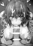  1girl :&gt;= breasts cum cum_on_hair facial fellatio from_above fuchitoro greyscale heart heart-shaped_pupils highres kneeling large_breasts looking_at_viewer looking_up mikado_ryouko monochrome nipples oral penis pov solo_focus symbol-shaped_pupils to_love-ru white_censor_bar 