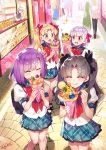  4girls :o ^_^ alternate_costume backpack bag bangs blonde_hair closed_eyes crepe eating ereshkigal_(fate/grand_order) fate/grand_order fate_(series) food hair_ribbon highres holding holding_food ishtar_(fate/grand_order) kama_(fate/grand_order) lavender_hair long_hair matou_sakura multiple_girls parted_bangs parvati_(fate/grand_order) purple_eyes purple_hair randoseru red_eyes red_ribbon redrop ribbon school_bag school_uniform serafuku signature tongue tongue_out two_side_up younger 