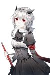  1girl arknights bangs black_dress black_neckwear corset cravat dress frills grey_hair highres holding holding_sword holding_weapon horns long_sleeves looking_at_viewer red_eyes short_hair simple_background sword talulah_(arknights) weapon white_background windworker 