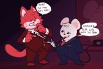  2019 anthro bottomwear clothing domestic_cat duo english_text felid feline felis fur goro_(mappy) male mammal mangneto mappy mappy_(character) mouse murid murine necktie pants red_fur rodent scared shirt slightly_chubby smoking suit text topwear white_fur 