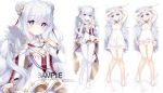  +_+ 1girl :d armpits arms_up azur_lane bangs bare_legs bare_shoulders barefoot bed_sheet blue_eyes blush breasts closed_mouth collarbone commentary_request criss-cross_halter dakimakura double_bun dress dress_pull eyebrows_visible_through_hair hair_between_eyes halterneck le_malin_(azur_lane) long_hair lying multiple_views nipples no_shoes on_back open_mouth pantyhose sample short_dress silver_hair small_breasts smile thighband_pantyhose verjuice very_long_hair white_legwear 