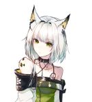  1girl animal_ear_fluff animal_ears arknights bangs bare_shoulders breasts closed_mouth detached_collar green_eyes kal&#039;tsit looking_at_viewer see-through short_hair small_breasts solo stethoscope upper_body white_background white_hair windworker 