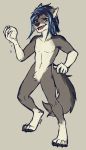  4_toes 5_fingers amber_eyes anthro black_nose blue_hair canid canine digital_media_(artwork) fingers gonewiththefart hair male mammal nude open_mouth solo teeth toes tongue 