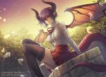  1girl absurdres ahoge artist_name black_legwear blush breasts brown_horns copyright_name dragon_girl dragon_horns dragon_tail dragon_wings eeveetachi frills granblue_fantasy grea_(shingeki_no_bahamut) highres horns huge_filesize large_breasts long_sleeves looking_at_viewer outdoors pointy_ears purple_hair red_eyes red_ribbon red_skirt ribbon shirt short_hair sitting skirt solo tail thighhighs thighs twilight white_shirt wings 