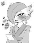  blush breasts cellphone clothed clothing dialogue english_text female gardevoir greyscale hair hair_over_eye hi_res humanoid japanese_clothing kimono monochrome nintendo not_furry phone pok&eacute;mon pok&eacute;mon_(species) saltyxodium signature smartphone solo text video_games 