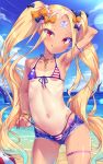  1girl abigail_williams_(fate/grand_order) american_flag_bikini arm_behind_head arm_strap ass_visible_through_thighs bandaid_on_forehead bangs beach bikini black_bow blonde_hair blush bow breasts collarbone condom_wrapper cowboy_shot eyebrows_visible_through_hair fate/grand_order fate_(series) flag_print forehead front-tie_bikini front-tie_top highres key key_necklace keyhole long_hair looking_at_viewer micro_bikini micro_shorts navel one-piece_tan orange_bow parted_bangs polka_dot polka_dot_bow red_eyes red_nails short_shorts shorts skindentation small_breasts smile solo swimsuit tan tanline thigh_strap tongue tongue_out toraishi_666 twintails very_long_hair 