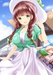  1girl :d bag bangs blue_sky blush braid breasts brown_hair cleavage cloud collarbone commentary_request day dress eyebrows_visible_through_hair gochuumon_wa_usagi_desu_ka? green_eyes green_jacket hand_up hat highres jacket large_breasts long_hair open_mouth outdoors short_sleeves side_braids sky smile solo sun_hat tokyo_big_sight twin_braids ujimatsu_chiya white_dress white_headwear zenon_(for_achieve) 