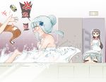  4girls alternate_hairstyle anger_vein angry aqua_hair bathing bathroom bathtub blush breast_envy breasts brown_hair bucket can closed_eyes covering covering_breasts exit_sign flat_chest g11_(girls_frontline) girls_frontline grey_hair hair_bun hair_ornament hairpin highres hk416_(girls_frontline) junsuina_fujunbutsu laughing long_hair medium_breasts multiple_girls naked_towel scar scar_across_eye sliding_doors splashing spoken_anger_vein throwing tile_wall tiles towel towel_on_head ump45_(girls_frontline) ump9_(girls_frontline) water 