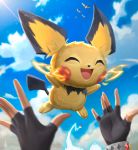  2019 3_toes 5_fingers ambiguous_gender angel_moonlight black_fur black_nose clothing electricity eyes_closed fingerless_gloves fingers fluffy fur gloves group handwear happy hi_res human mammal mitten_hands motion_blur nintendo open_mouth open_smile outside pichu pidgeot pok&eacute;ball pok&eacute;mon pok&eacute;mon_(species) red_cheeks signature sky smile solo_focus standard_pok&eacute;ball suspended_in_midair toes video_games yellow_fur 