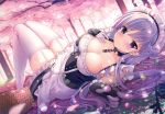  1girl absurdres arm_guards azur_lane bangs bare_shoulders basket belfast_(azur_lane) black_choker blanket blush braid breasts candy chain cherry_blossoms choker cleavage closed_mouth collarbone corset dappled_sunlight dress elbow_gloves eyebrows_visible_through_hair flower food french_braid frilled_gloves frilled_skirt frills garter_straps gloves hand_on_own_chest highres huge_filesize knees_up large_breasts lollipop long_hair looking_at_viewer looking_to_the_side lying maid maid_headdress no_shoes on_back outdoors petals pink_flower scan shiny shiny_hair skirt sleeveless sleeveless_dress smile solo sousouman sunlight thighhighs tree white_dress white_gloves zettai_ryouiki 