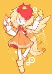  1girl animal bangs bird blonde_hair chick chick_on_head dress egg feathered_wings full_body long_sleeves multicolored_hair niwatari_kutaka one_eye_closed orange_background pyohato_(nebulamancers) red_eyes red_hair shoes short_hair simple_background smile solo star tail_feathers touhou translation_request two-tone_hair wily_beast_and_weakest_creature wings 