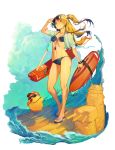  1girl absurdres american_flag_bikini azur_lane bangs bikini blonde_hair breasts cleveland_(azur_lane) deal_with_it eyewear_on_head flag_print floating_hair full_body gasari_(jongh1803) highres holding long_hair looking_at_viewer manjuu_(azur_lane) one_side_up parted_lips ponytail red_eyes sidelocks smile solo star sunglasses swimsuit whistle whistle_around_neck 