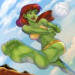  1:1 2018 alien barefoot beach brown_hair clothing dc_comics feet female foot_focus freckles green_skin hair martian miss_martian red_hair scamwich seaside soles solo sport swimwear toes volleyball young_justice 