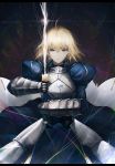  1girl ahoge armor armored_dress artoria_pendragon_(all) bangs blonde_hair blue_dress blue_eyes bow breastplate closed_mouth commentary_request dress eyebrows_visible_through_hair fate/stay_night fate_(series) gauntlets glowing glowing_sword glowing_weapon hair_between_eyes hair_bow highres holding holding_sword holding_weapon juliet_sleeves long_sleeves looking_at_viewer marumoru puffy_sleeves red_bow saber solo sword two-handed weapon 