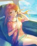  1girl 888myrrh888 :d bangs blue_skirt blue_sky brown_eyes brown_hair brown_shirt car_interior cloud cloudy_sky collarbone commentary_request cup day disposable_cup drinking_straw eyebrows_visible_through_hair hand_in_hair hand_up holding holding_cup horizon houjou_karen idolmaster idolmaster_cinderella_girls long_hair ocean open_mouth shirt short_sleeves skirt sky smile solo water 