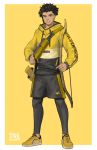  1boy artist_name bow_(weapon) brown_hair casual claude_von_regan dark_skin fire_emblem fire_emblem:_three_houses green_eyes highres holding holding_bow_(weapon) holding_weapon hood hoodie legwear_under_shorts looking_at_viewer pantyhose quiver radiostarkiller shoes short_hair shorts simple_background smile sneakers solo weapon yellow_background 