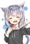  1girl animal_ears blush cat_ears cat_girl cat_tail closed_eyes collarbone commentary_request drawstring facing_viewer fang grey_hoodie hands_up highres hood hood_down hoodie hot long_sleeves open_mouth original silver_hair solo sora_(silent_square) sweat tail tail_raised upper_body white_background 