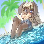  1:1 anthro breasts chibi clothed clothing female lagomorph leporid looking_at_viewer mammal nipples rabbit smile solo swimming_pool thefuckingdevil topless 
