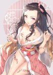  1girl bare_shoulders black_hair blonde_hair blush breasts cleavage commentary_request floral_print hair_ribbon horn horns japanese_clothes kamado_nezuko kimetsu_no_yaiba kimono large_breasts long_hair looking_at_viewer multicolored_hair pink_eyes pink_ribbon ribbon solo tagme two-tone_hair user_ppcy3857 v-shaped_eyebrows wide_sleeves 