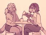  2019 4:3 5_fingers anthro beverage canid canine canis clothed clothing coffee digital_media_(artwork) domestic_dog duo eyewear female fingers girly glasses glopossum male mammal marsupial phalangeriform sitting smile 