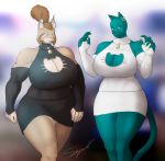  anthro big_breasts breasts cleavage clothed clothing duo felid feline female hi_res katrin_schwarz mammal sergiroth 