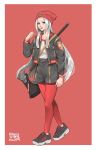  1girl artist_name axe beanie casual edelgard_von_hresvelg fire_emblem fire_emblem:_three_houses hat highres jacket legwear_under_shorts long_hair looking_at_viewer pantyhose purple_eyes red_background shoes shorts silver_hair simple_background smile sneakers solo very_long_hair 
