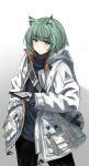  1girl absurdres arknights ascter black_pants black_sweater character_name coat gloves green_eyes green_hair grey_background highres hood hood_down kal&#039;tsit looking_at_viewer pants pocket short_hair solo standing sweater turtleneck turtleneck_sweater white_gloves zipper 