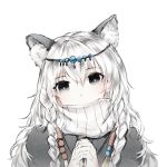  1girl animal_ear_fluff animal_ears arknights bangs braid circlet covered_mouth gloves grey_eyes hair_between_eyes hands_together leopard_ears long_hair looking_at_viewer pale_skin pramanix_(arknights) side_braids simple_background solo turtleneck twin_braids very_long_hair white_background white_gloves white_hair windworker 