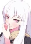  1girl bangs black_jacket blush closed_mouth enelis eyebrows_behind_hair fingernails fire_emblem fire_emblem:_three_houses hand_to_own_mouth hand_up jacket long_hair looking_at_viewer lysithea_von_ordelia pink_eyes silver_hair simple_background smile solo tsurime upper_body white_background 