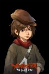  1boy black_background brown_eyes brown_hair brown_headwear child copyright_name dong_wensen green_jacket hand_on_hip hat highres jacket logo looking_at_viewer male_focus megalo_box red_scarf sachio_(megalo_box) scarf solo 