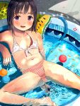  1girl arm_behind_back armpits barefoot bikini black_hair blush flat_chest hair_ornament hairclip hose lying masuda_(yousaytwosin) navel on_back open_mouth original purple_eyes short_hair smile solo spread_legs striped_bikini_bottom swimsuit wading_pool water wet wet_clothes wet_swimsuit white_bikini_top 