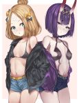  2girls abigail_williams_(fate/grand_order) bandaid_on_forehead bangs beige_background belt black_bikini_top black_bow black_jacket blonde_hair blue_eyes blush bob_cut border bow breasts collarbone crossed_bandaids denim denim_shorts eyeliner fate/grand_order fate_(series) forehead hair_bow hair_bun hands_in_pockets headpiece heroic_spirit_traveling_outfit horns jacket long_hair long_sleeves looking_at_viewer makeup multiple_girls navel off_shoulder oni oni_horns open_clothes open_jacket orange_bow parted_bangs parusu_(ehyfhugj) purple_eyes purple_hair purple_jacket revealing_clothes short_eyebrows short_hair shorts shuten_douji_(fate/grand_order) small_breasts thighs white_border 