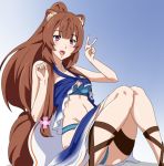  1girl animal_ears bangs bikini blue_bikini breasts brown_hair flower hair_flower hair_ornament long_hair looking_at_viewer navel open_mouth peace_symbol ponytail raccoon_ears raccoon_girl raccoon_tail raphtalia red_eyes ribonzu smile solo swimsuit tail tate_no_yuusha_no_nariagari v 