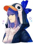  1girl :q animal_costume blue_eyes bow bra_strap choker collarbone eyebrows_visible_through_hair fate/extra fate/extra_ccc fate/grand_order fate_(series) hair_bow highres hood hood_up hoodie long_hair meltryllis penguin_costume profile simple_background star tongue tongue_out upper_body white_background yuririensu 
