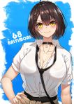  1girl absurdres ahoge alternate_costume azur_lane baltimore_(after-school_ace)_(azur_lane) baltimore_(azur_lane) bangs black_bra black_choker black_neckwear black_skirt blush bra bra_through_clothes braid breasts brown_hair character_name choker cleavage closed_mouth clothes_around_waist collarbone collared_shirt commentary_request eyebrows_visible_through_hair eyelashes french_braid hair_between_eyes hand_on_hip head_tilt highres large_breasts looking_at_viewer loose_necktie necktie school_uniform see-through shirt short_hair short_sleeves skirt smile solo sweater_around_waist underwear white_shirt yamanokami_eaka yellow_eyes 