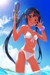  1girl bikini black_hair blue_sky breasts brown_eyes cloud commentary_request contrapposto cowboy_shot day highres k-on! long_hair looking_at_viewer masamuuu nakano_azusa outdoors pink_scrunchie scrunchie side-tie_bikini sky small_breasts solo standing sun swimsuit twintails water_gun white_bikini wrist_scrunchie 
