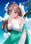  1girl alternate_hairstyle arashio_(kantai_collection) bikini blue_sky breasts brown_eyes brown_hair cleavage cloud collarbone commentary_request day green_sarong highres kantai_collection leaning_forward lens_flare long_hair looking_at_viewer medium_breasts outdoors ponytail sarong sky solo standing sui_(sui27shika) swimsuit white_bikini 