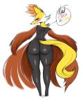  anthro big_butt blush butt canid delphox dialogue english_text female hi_res looking_at_viewer looking_back mammal nintendo pok&eacute;mon pok&eacute;mon_(species) pussy rear_view saltyxodium simple_background solo text video_games white_background wide_hips 