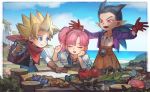  1girl 2boys :d backpack bag black_hair blonde_hair blue_eyes bottle brown_bag brown_gloves closed_eyes closed_mouth cloud crystal dragon_quest dragon_quest_builders_2 gloves leaf long_hair looking_at_another male_builder_(dqb2) multiple_boys open_mouth orange_pants pink_hair pointy_ears puffy_sleeves purple_shirt red_eyes red_gloves red_scarf ruru_(dqb2) sasumata_jirou scarf seashell shell shirt side_ponytail sidoh_(dqb2) sky smile spiked_hair tomato 