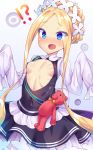  !? 1girl @_@ abigail_williams_(fate/grand_order) apron bangs black_skirt blonde_hair blue_eyes blush breasts butterfly_hair_ornament fang fate/grand_order fate_(series) hair_ornament heroic_spirit_festival_outfit maid maid_apron maid_dress maid_headdress open_clothes open_mouth parted_bangs skirt sleeves_past_fingers sleeves_past_wrists solo stuffed_animal stuffed_toy teddy_bear toraishi_666 