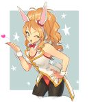  1girl ;d animal_ears bare_arms black_legwear blue_eyes bow bowtie breasts bunny_ears bunny_tail bunnysuit cleavage cowboy_shot detached_collar dragon_quest dragon_quest_builders_2 hand_on_hip heart leotard long_hair looking_at_viewer one_eye_closed open_mouth orange_hair pantyhose pero_(dqb2) ponytail red_bow red_leotard simple_background smile solo star tail vest wrist_cuffs yunion_(sibujya) 