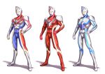  1boy armor blue_bodysuit bodysuit character_sheet commentary full_body glowing glowing_eyes highres kuroda_asaki male_focus no_humans red_bodysuit tokusatsu translation_request ultra_series ultraman_dyna ultraman_dyna_(series) yellow_eyes 